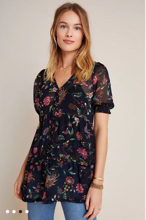 Anthropologie Tops - Anthropologie Salzburg Sheer Floral Tunic Boho Fairycore Puff Sleeve Blouse M